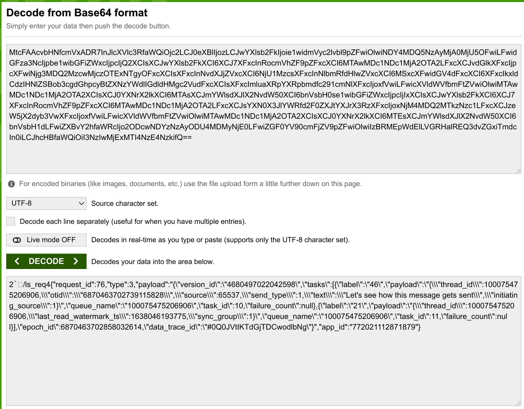 Using base64decode.org to decode the websocket
message