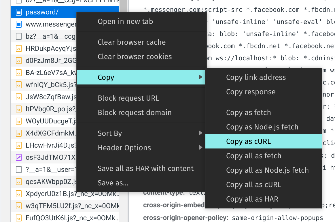 Copy as cURL right-click menu