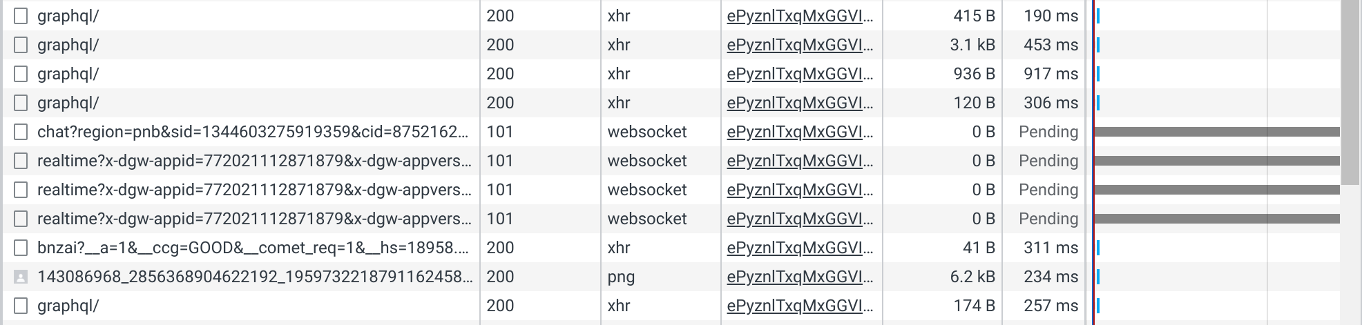 Websocket requests shown as
Pending