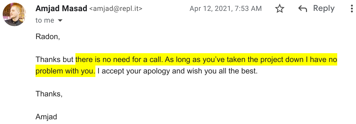 Screenshot of an
email from Replit making it clear that they have no intention of
talking to me further