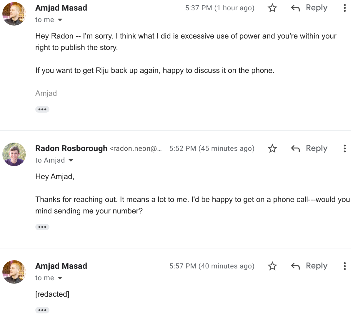 Screenshot of an
email from Amjad promising that he will not sue me, and my response
thanking him and clarifying a point about how he quoted me