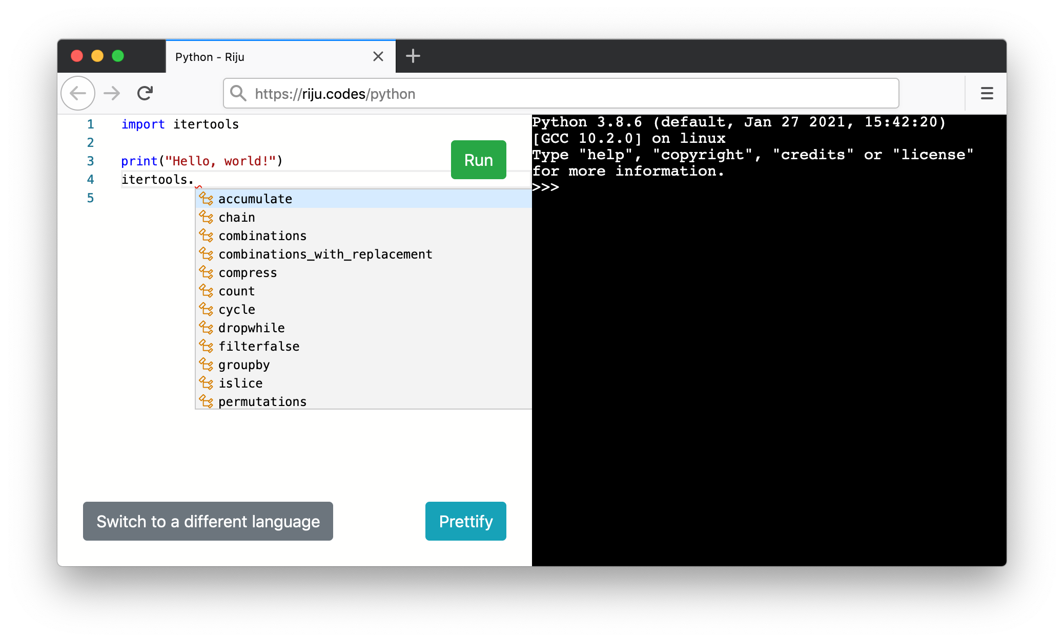 Screenshot of running
Python in Riju